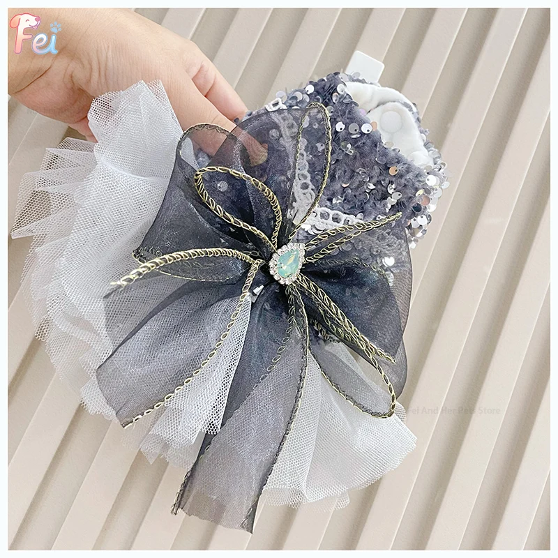 

Exquisite Sequined Pet Dog Dress Gray Tulle Skirt with Decorative Bow Fine Apparel for Small Dogs Special Occasions