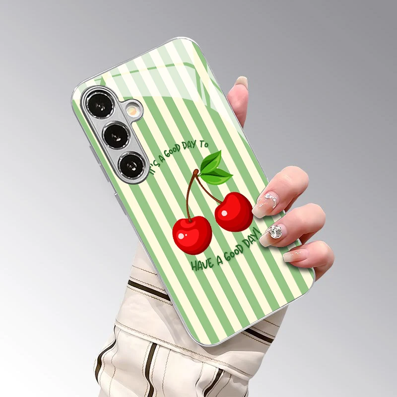 Cherry Stripe Pattern 2D Phone Case for Samsung S26 S25 S24 S23 S22 S21 S20 A56 A36 A16 - Electroplated Glass Protective Cover view 4