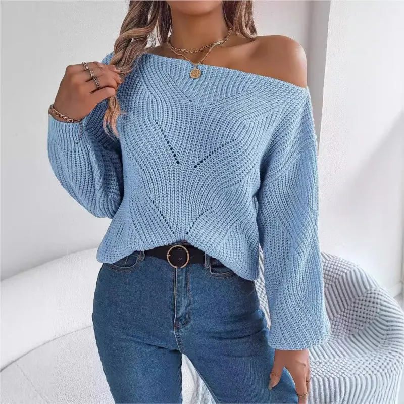 2024Autumn And Winter Ladies Casual Orange Hollow Out Single Collar Off Shoulder Lantern Sleeve Fashionable Long Sleeved Knitted