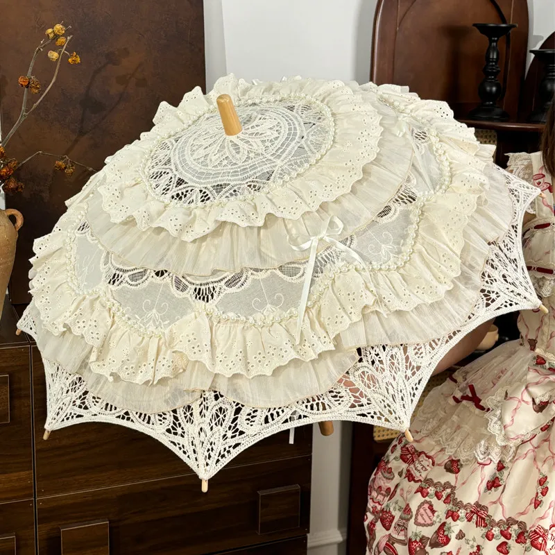Vintage Lolita Parasol Antique Pearl Lace French Style Decorative Umbrella Elegant Photo Prop Wedding Cosplay Costume Accessory