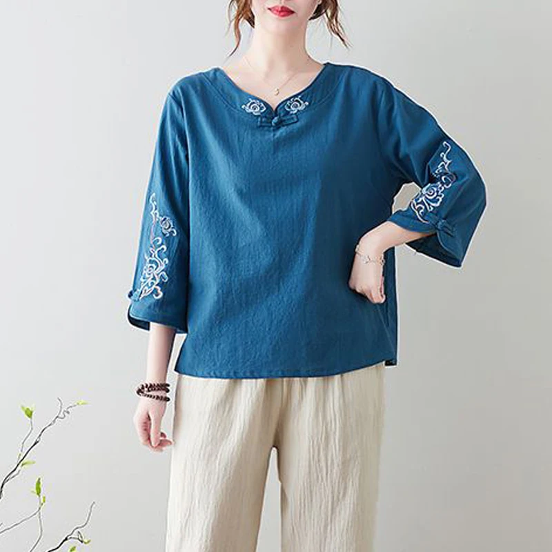 Women Clothing Vintage Embroidery Chinese Ethnic Style Tops Cotton Linen Blouses Spring Autumn Loose Shirt Blusa Mujer Moda 2023