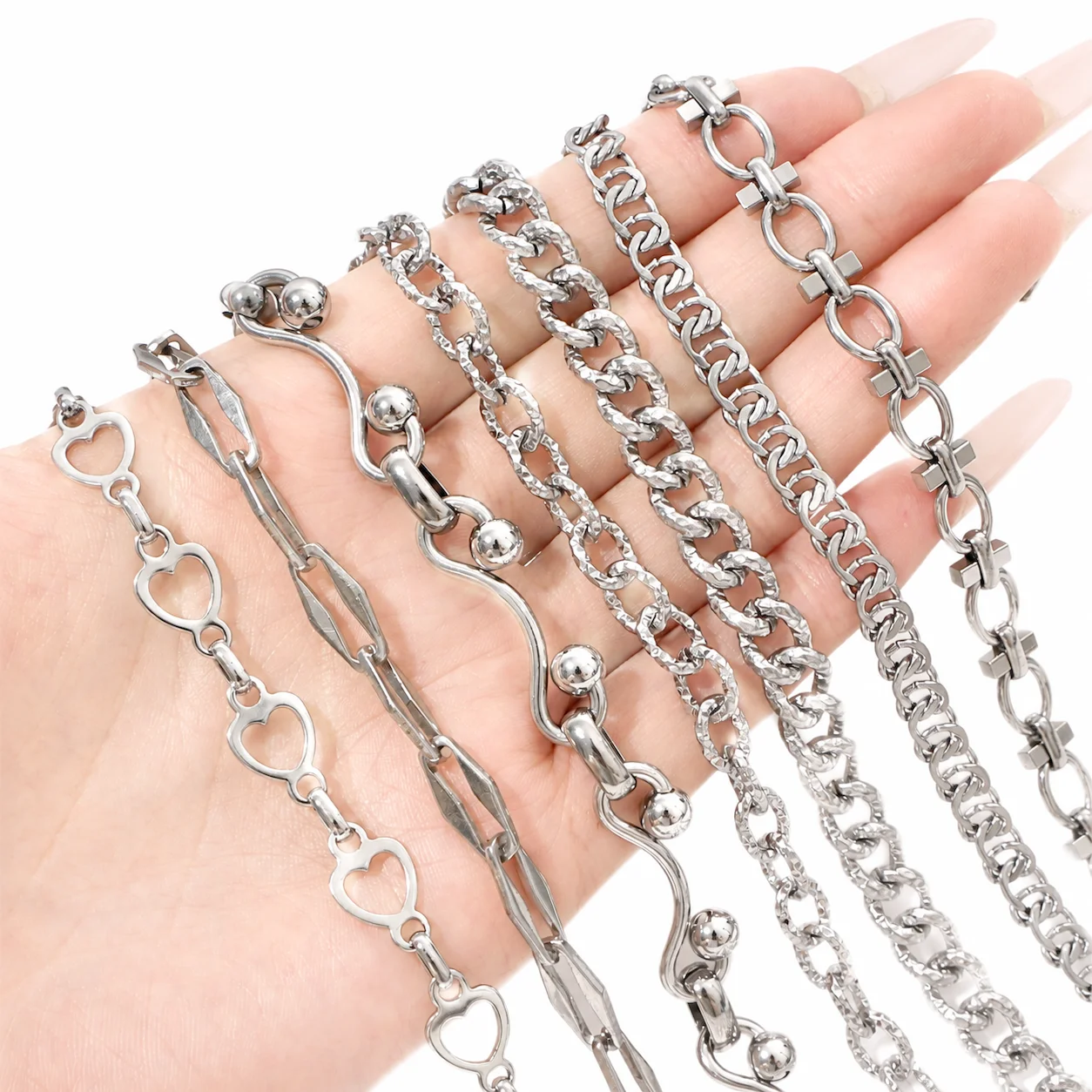 50cm/bag Rhodium Color Stainless Steel Beads Chain Multi Style Shape Metal Chain For DIY Making Necklace Bracelet Accessories