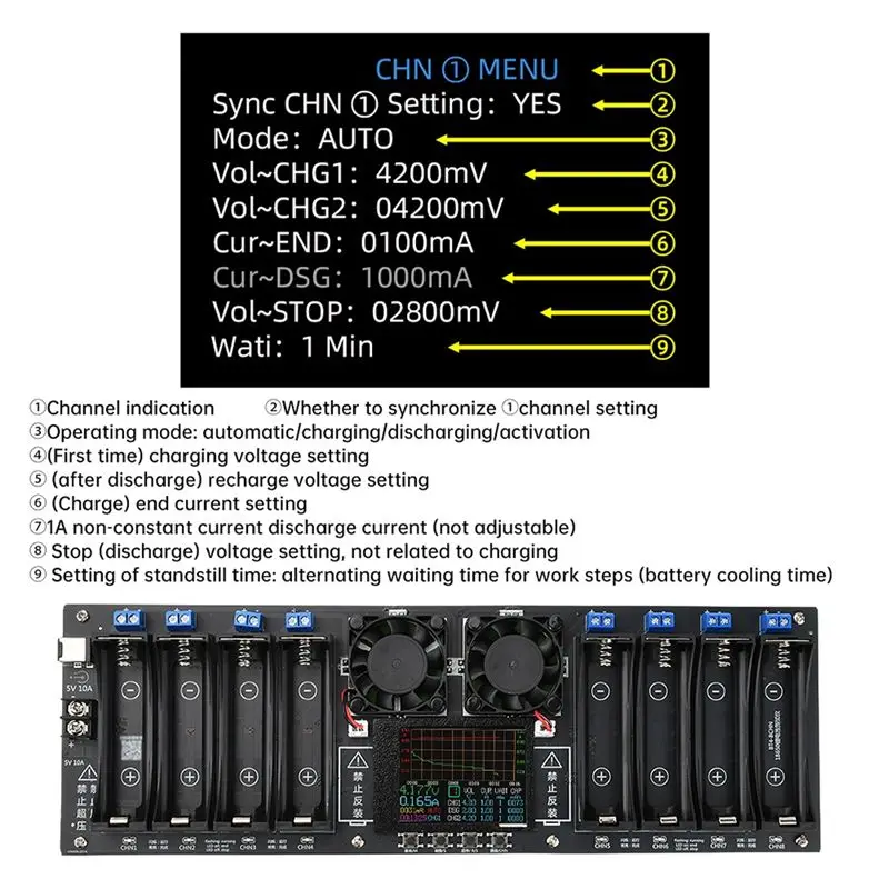 ABUO 8 Channels 18650 Lithium Battery Capacity Tester Module Internal Resistance Measurement MAh MWh Division