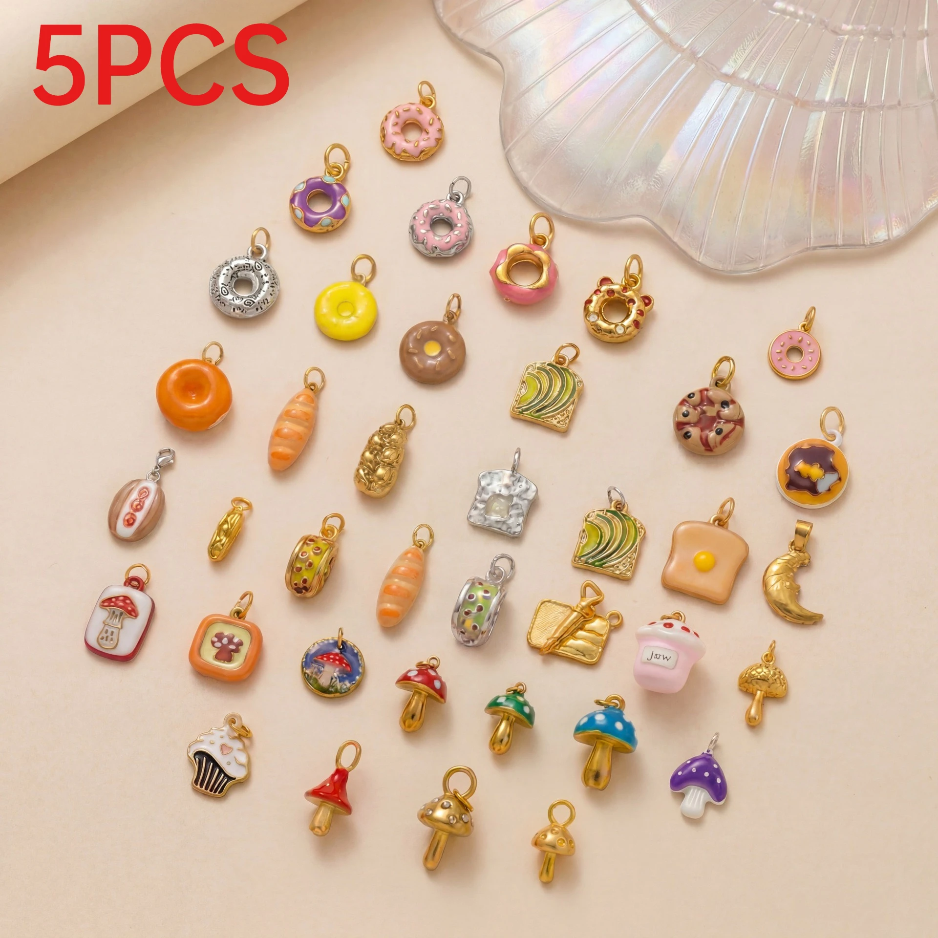 5Pcs Stainless Steel Enamel Food Charms Donut Bread Dessert Pendants DIY Necklace Bracelet Jewelry Making Accessories
