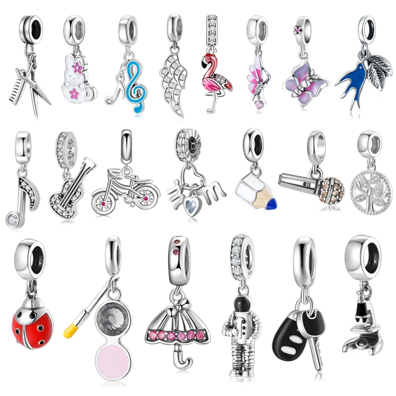 100% Genuine 925 Sterling Silver Flamingo Microphone Scissors Plane DIY Beads Fit Original Women Charms Bracelet Jewelry Making