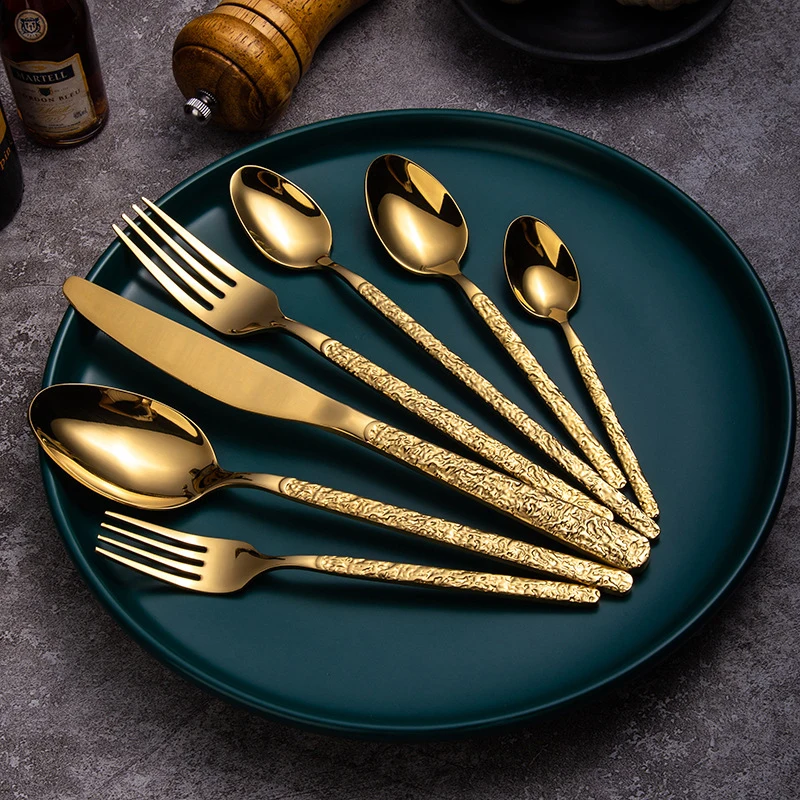 Stainless Steel Knife Fork Spoon Tableware Set Western Relief Stone Pattern Restaurant Hotel Home Exquisite Gift Flatware Set