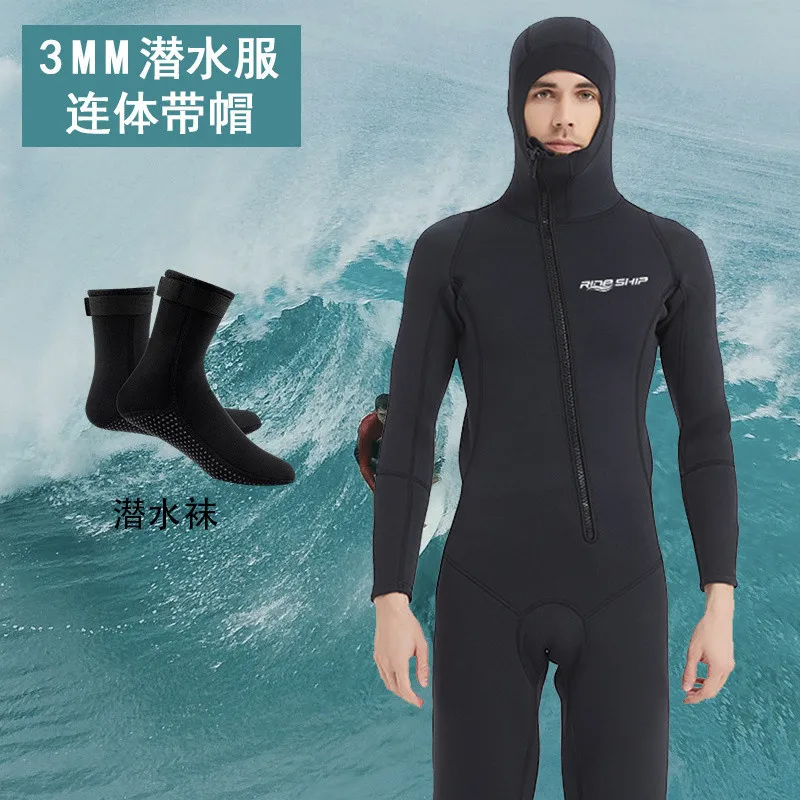 3 Mm One-piece Hooded Wetsuit Men Swimming Glove Stockings Zipper Swimsuit Long-sleeved Bathing Surf Suit Thermal Warm