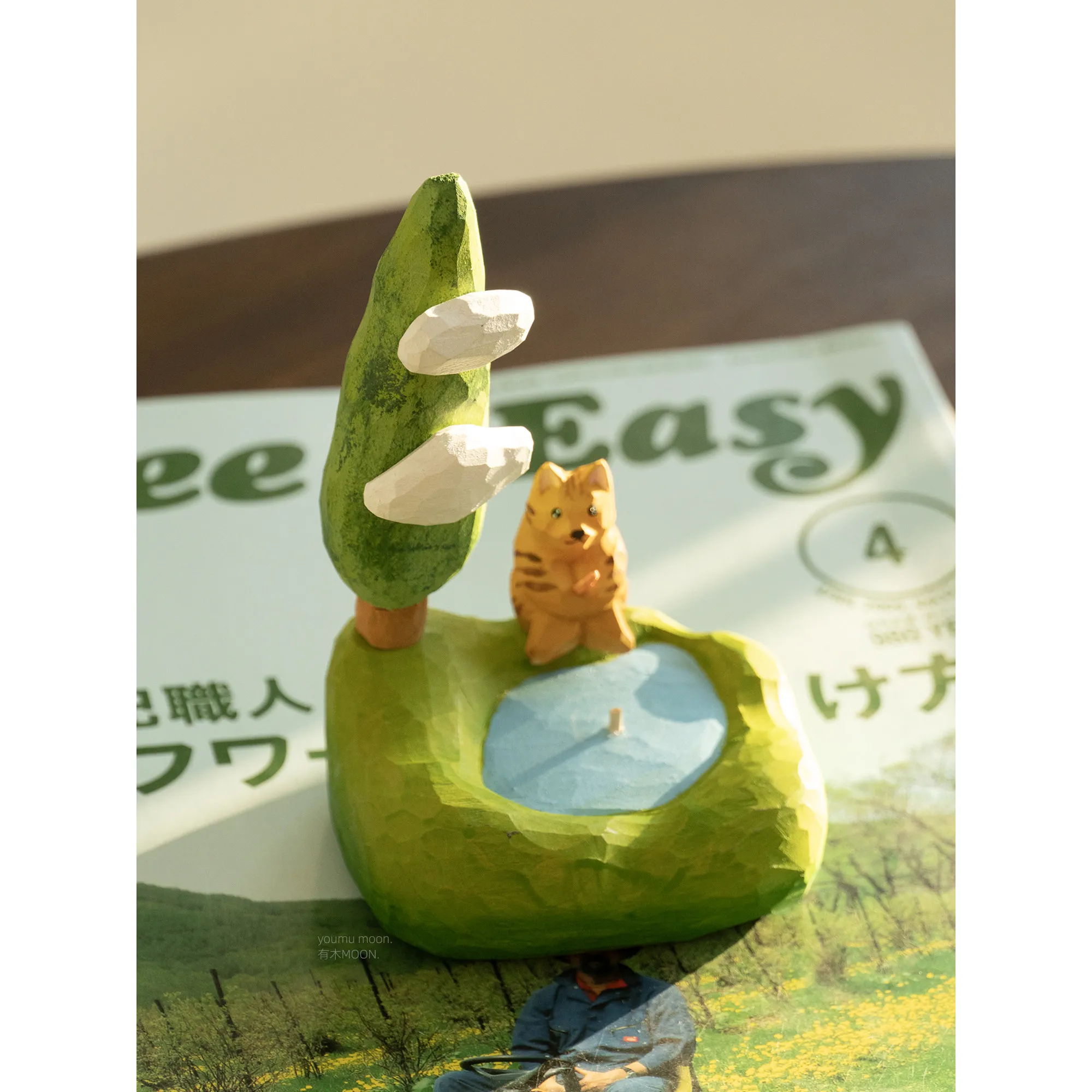 Fishing Cat Lake Wooden Carving Pure Handmade Healing Landscape Home Desktop Decoration Crafts