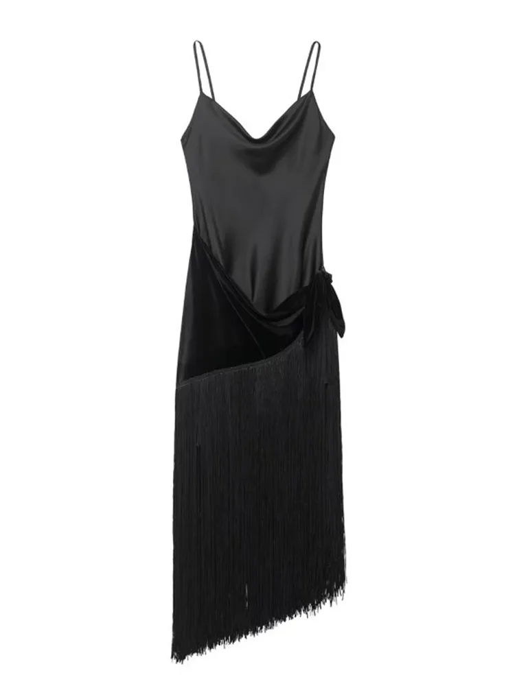 HH Frauen Mode Fransen Samt Patchwork Party Langes Kleid Weibliche Elegante Schwarze Abendkleid Sexy Ärmelloses Hosenträger Kleid