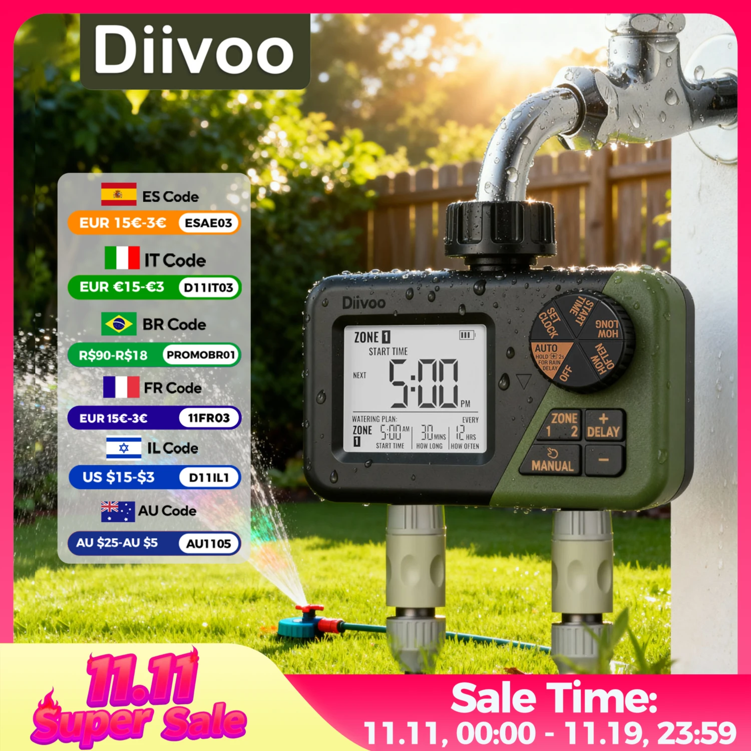 

Таймер для садовой воды Diivoo, 2 розетки, IPX5, водонепроницаемый, многофункциональный, автоматический таймер для орошения с задержкой дождя/ручным/автомобильным режимом