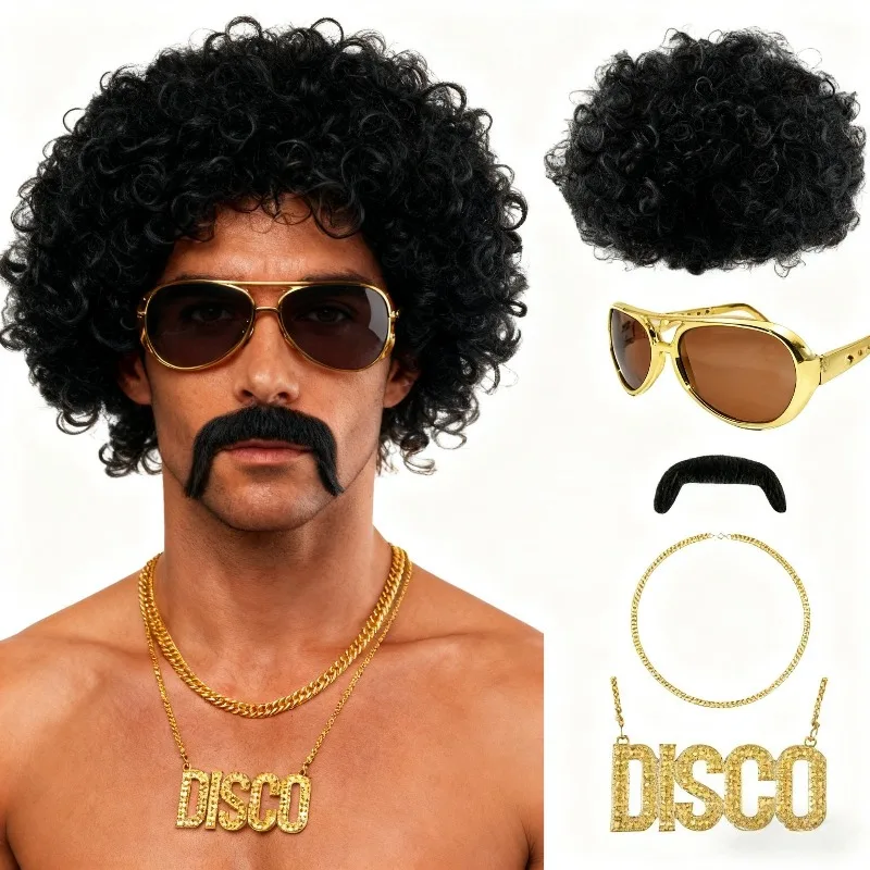 

Набор афро-париков 70-х годов для мужчин, костюм хиппи с очками и цепочкой из усов, рок-ретро 70-х и 80-х годов, косплей для Хэллоуина