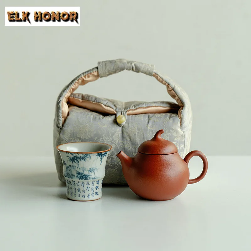 Boutique Purple Clay Small Eggplant Teapot 1 Pot 1 Cup Kung Fu Tea Set Portable Travel Cloth Handbag Person Tea Making For Women
