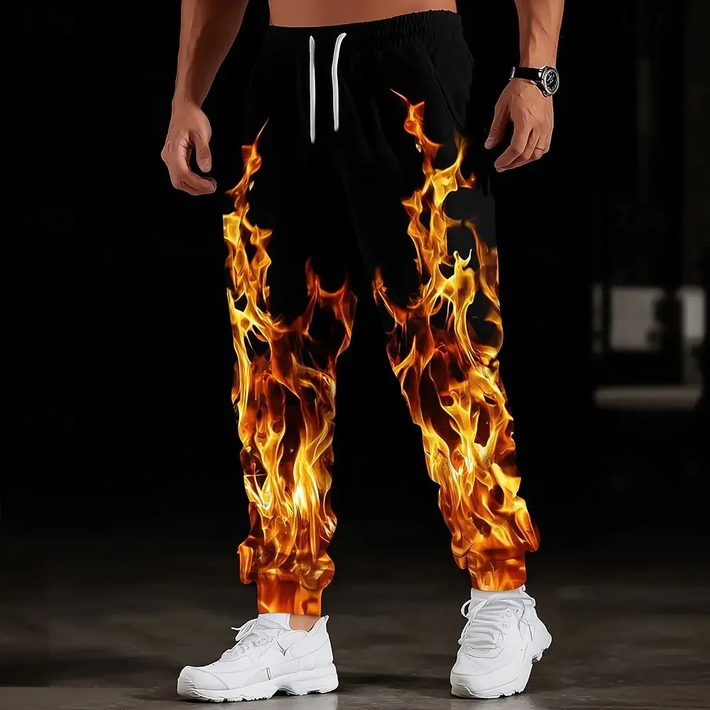 Men Jogger Pants Cool Flame Fire Print Drawstring Elastic Waist Streetwear Hip‑Hop Casual Sports Sweatpants With Pockets