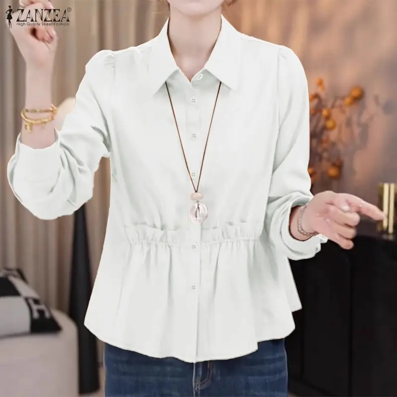 

Fashion Women Shirt ZANZEA 2026 Spring Autumn Blouse Lapel Neck Long Sleeve Shirts Stylish Flounce Work Tops Solid Button Blusas