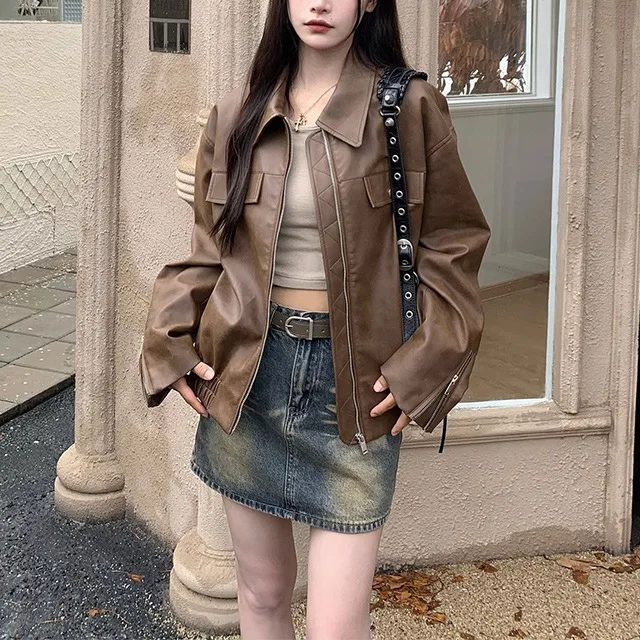 Vintage Leather Jacket Leather Jacket Autumn Women Korean Streetwear Causal Zipper Brown High Street Winter Outerwear Loose Coat