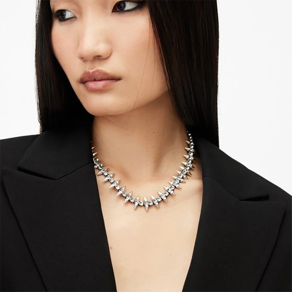 XSBODY Luxury Punk Spike Choker Necklace Women Rhinestone Silver Color Rivet Collar Statement Jewelry Gothic Fashion Accessories