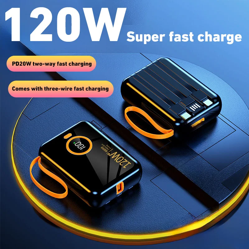 Mini banco de energía PD120W integrado, gran capacidad de 100000mah, Cable de TYPE-C USB, Cargador rápido bidireccional, Mini Powerbank para iPhone