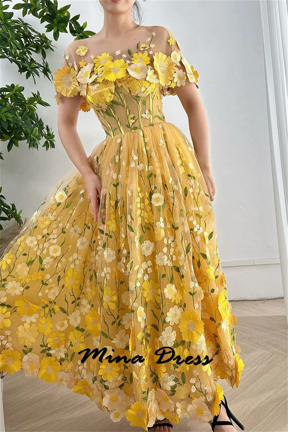 Mina-Yellow Flower Sticker A-shaped Ball Dress Elegant Detachable Shawl and Ankle Length 2024 Summer Fashion