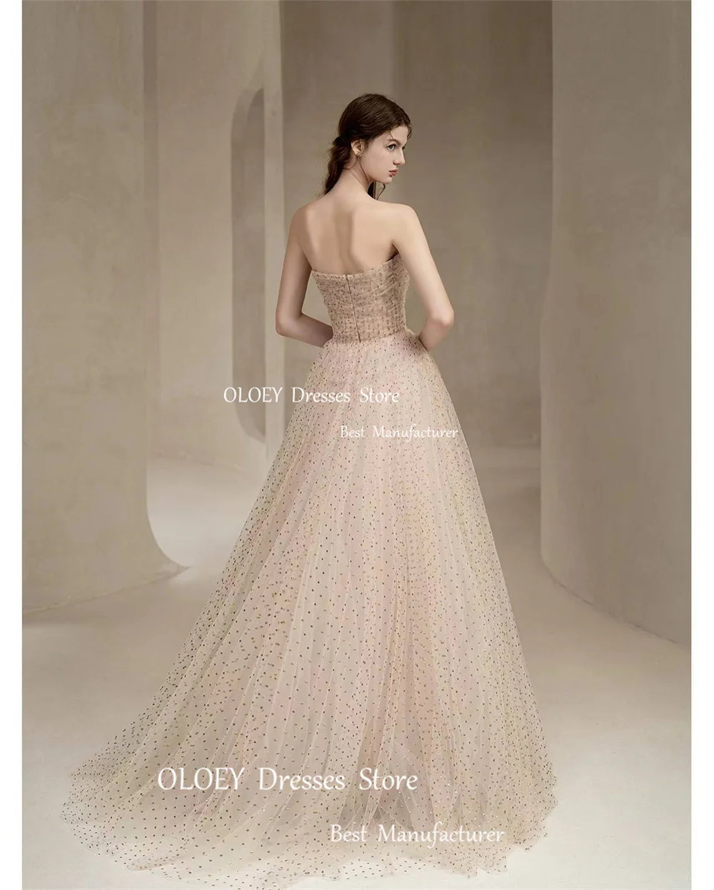 OLOEY Fancy a-line Shiny Tulle senza spalline abiti da sposa coreano servizio fotografico corsetto senza maniche lunghezza del pavimento abiti da sposa principessa