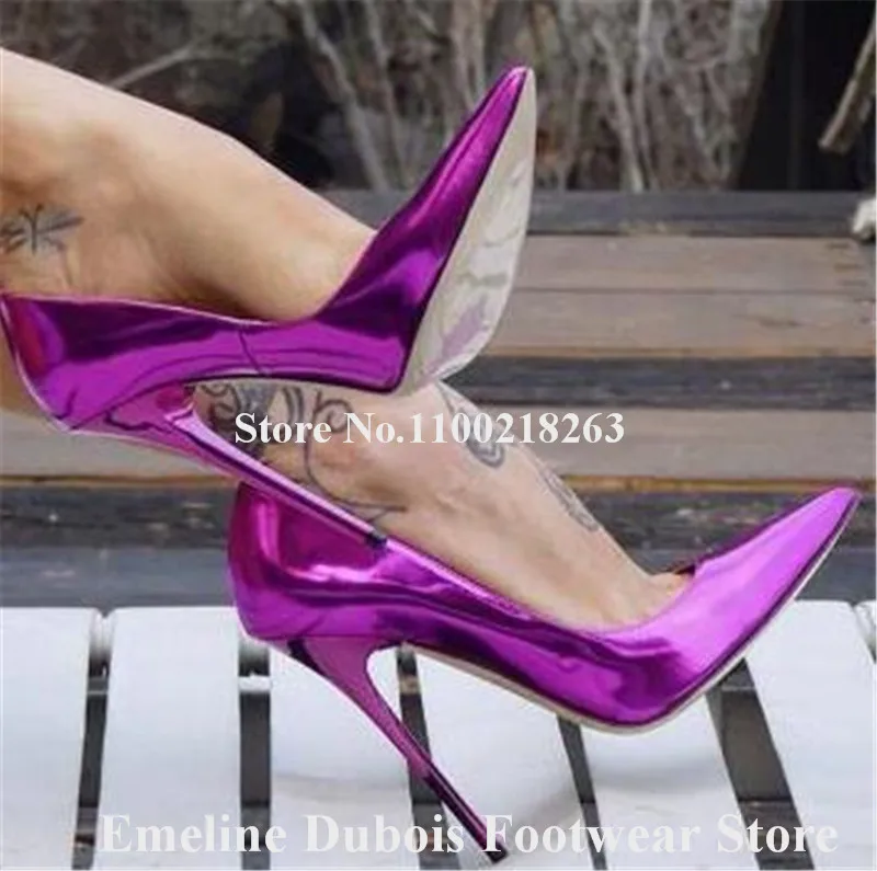 Patent Leather Stiletto Heel Pumps Emeline Dubois Pointed Toe Iridescent 12cm Thin Heel Shoes Fluorescent Purple Dress Heels