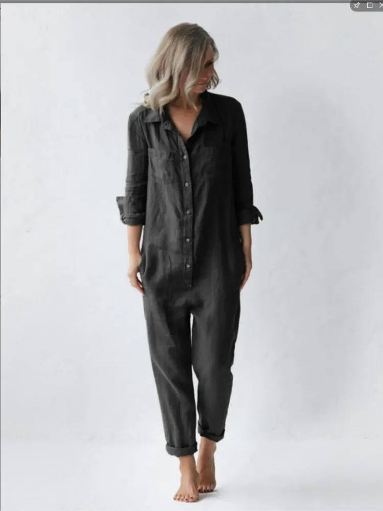 Cotton Linen Jumpsuits Women Vintage Overalls Single Breasted Button Long Sleeve Shirt Romper Solid Color Pockets Jumpsuit