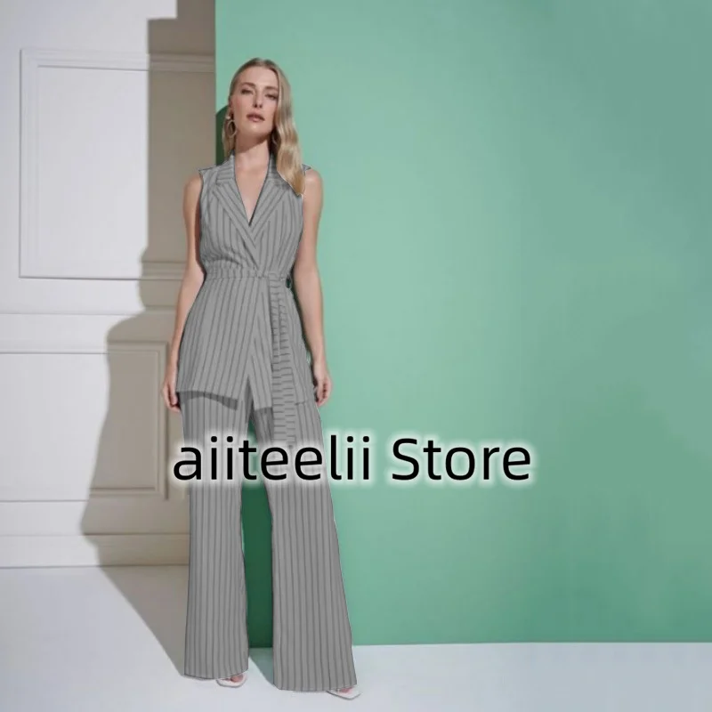 Women's Suit Two-piece Elegant Striped Sleeveless Vest Fashion Lapel OL Lace-up Slim Fit Business Casual Ladies Jacket 2023