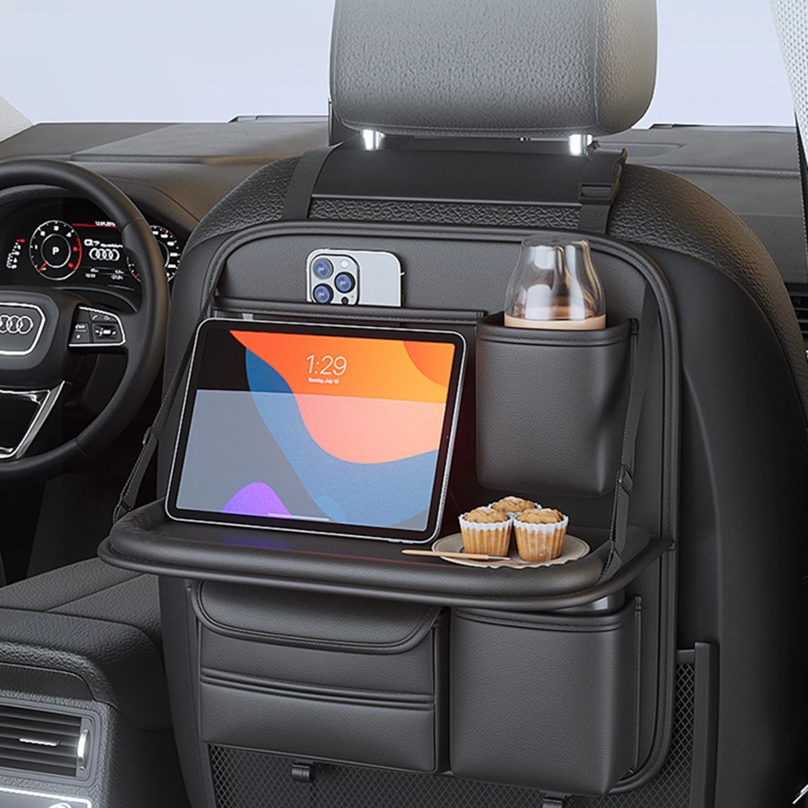 

Car Back Seat Organizer Bag with Multiple Pockets soft PU Leather 64x45cm Universal Fit for SUV Truck Jeep Black