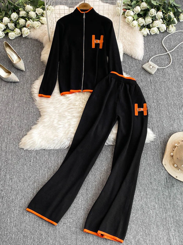 Women\'s Long Sleeved Knitted Sweater High Waist Slim Straight Leg Pants Two-piece Set Y2k Korean Autumn