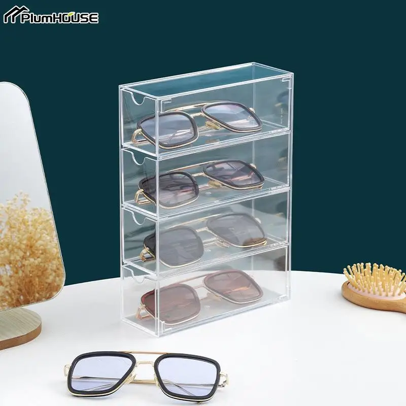 Glasses Storage Box 4 Layers Large Glasses Organizer Box Multifunctional Stackable Acrylic Display Holder Cosmetics Drawer Case