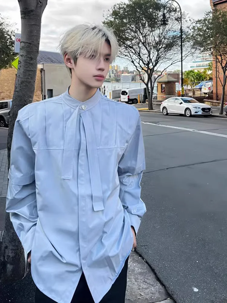 

Мужская рубашка Ele с дизайнерским принтом, длинным рукавом, воротником-стойкой, с подплечниками, весна-осень, повседневная, в расслабленном стиле, дышащая, из полиэстера.