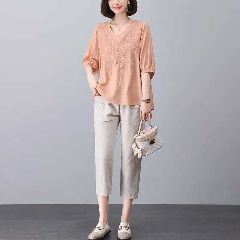 Baumwoll-Leinen-Set für Damen, Sommer, 2024, Faion, locker, Übergröße, Leinen, kleine Mutter, trendiges Anti-Aging-Zweiteiler-Set, lässiges Sle Pure...