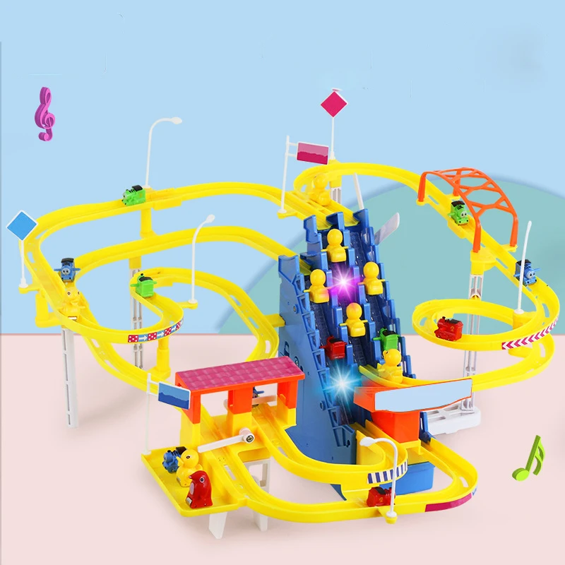 Three Stairs With Multiple Tracks Automatic Piggy Climbing Stairs Musical Luminous Slide Electric Track Children\'s Puzzle Toys