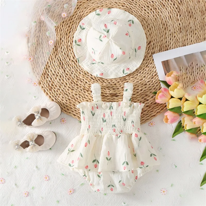 Summer Floral Infant Newborn Baby Girls Bodysuit Active Floral Babe Camisole 1Piece Tutu Dress With Hat 2PCS Set ﻿