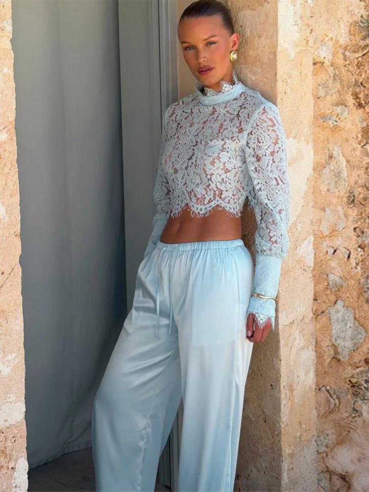 

Fashion Women Pant Set Lace Floral Stand Collar Long Sleeve Cropped Female Top And Lace Up Wide Leg Pant Casual Streetwear 2026