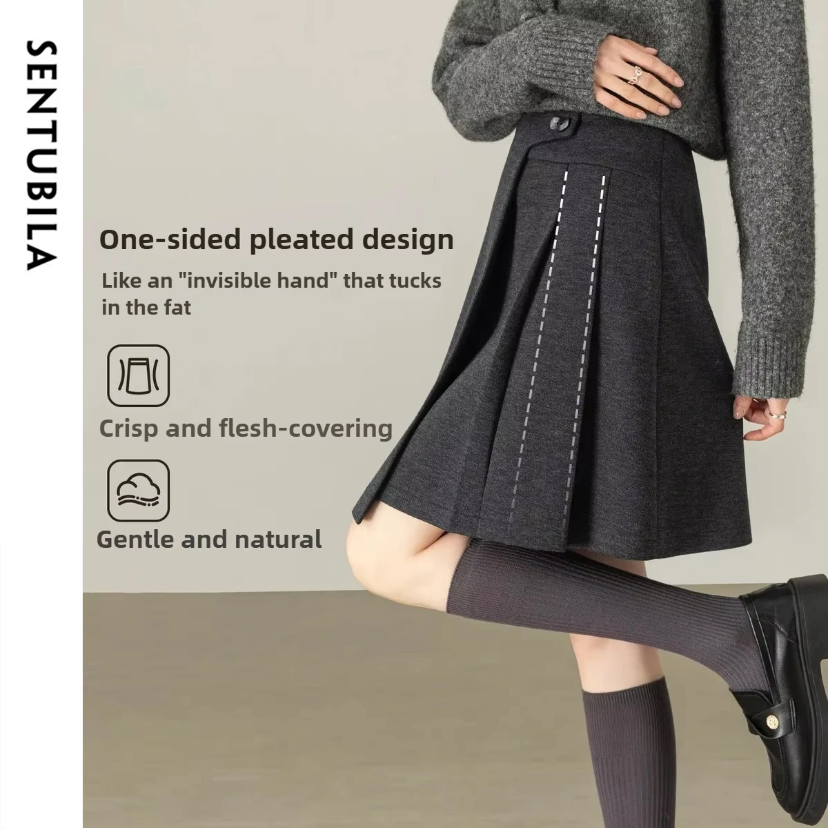 SENTUBILA jupe plissée pour femmes 2025 hiver taille haute a-ligne jupes laine chaude robe à fond court laine tenue de bureau 154QB4853