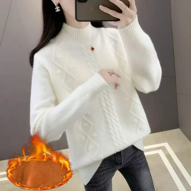 

Commute Half High Collar Solid Color Pullover Lantern Long Sleeve Sweater Knitted Autumn Winter Women's Clothing All-match Tops