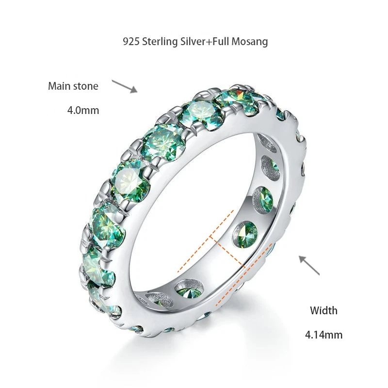 TBCYD 4mm Blue-green Moissanite Full Eternity Rings For Women Men S925 Silver Engagement Wedding Band Couple Rings Jewelry Gifts