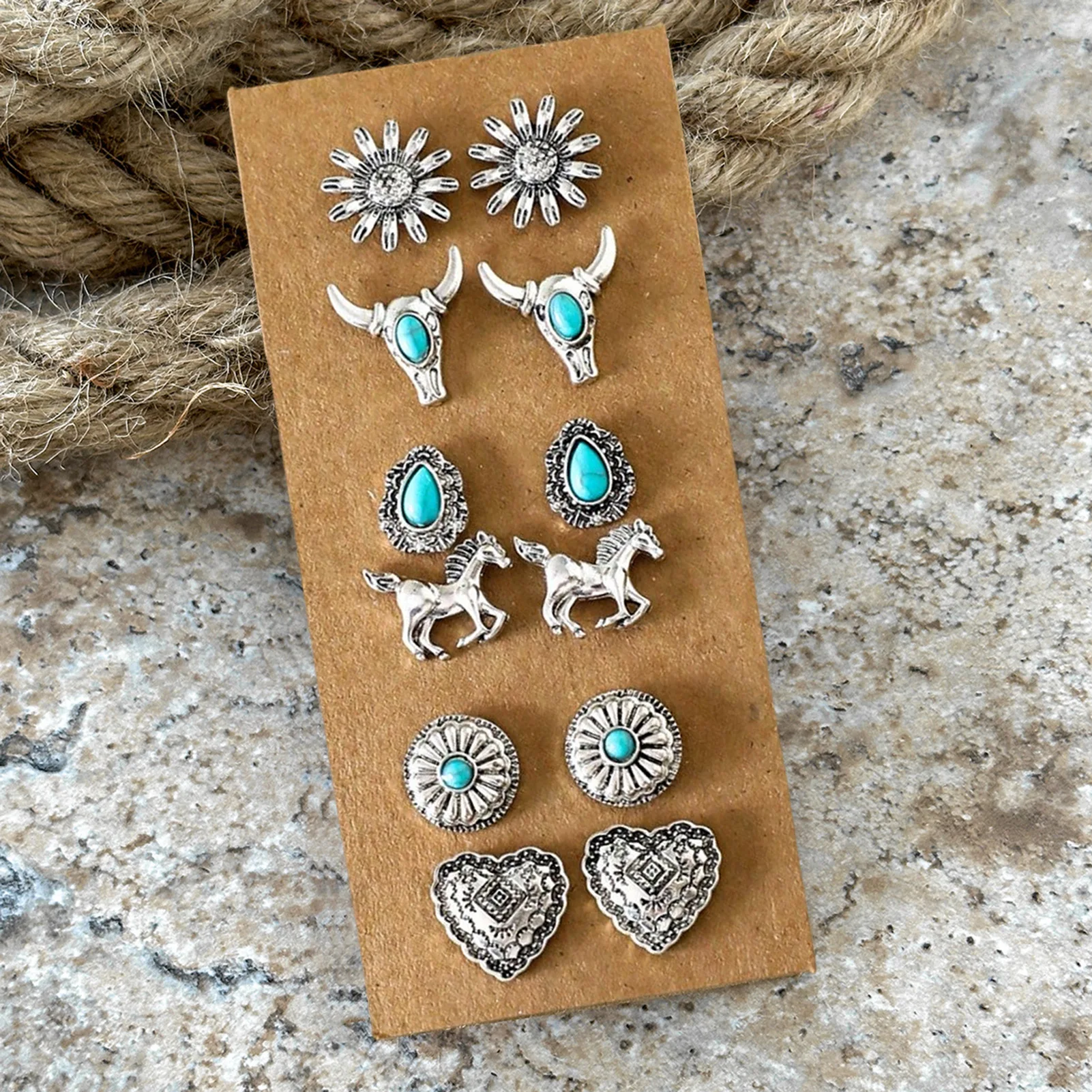 6pair/set New Retro Cowboy Cowgirl Western Hip-Hop Love Bull-Head Lightning-Martens Boots Cross Moon Creative Stud Earrings