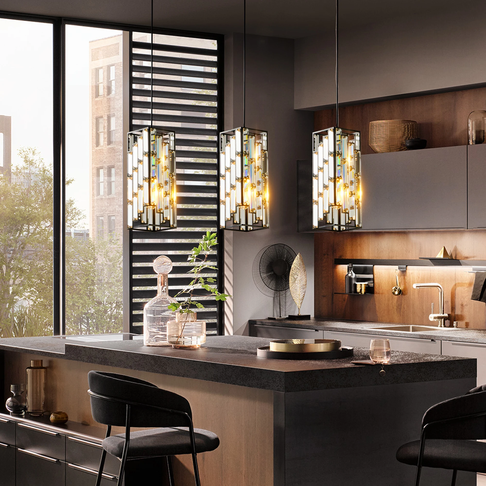 

Modern Crystal Pendant Light - 3 Pack, Adjustable Hanging Ceiling Lamp with Crystal Prism Design -Black Finish