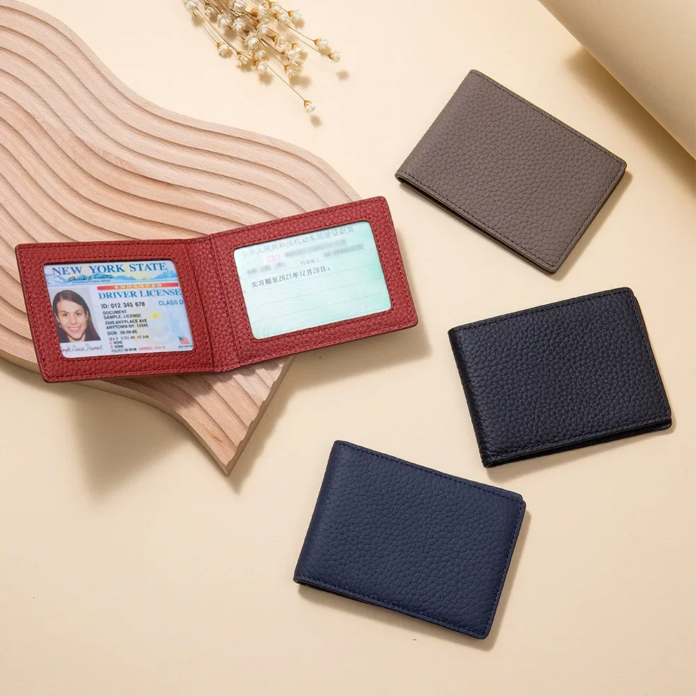 Thin Minimalist Bifold Design Driver's Licence Cover Genuine Leather ID Badge Window Slot Credit and Debit Vaccinum Cards Holder