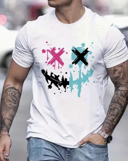 Men Women Cool Graffiti T‑Shirt Abstract Cross‑Eyes Smiley Splash Ink Print Short Sleeve Daily Unisex Streetwear Tee Tops