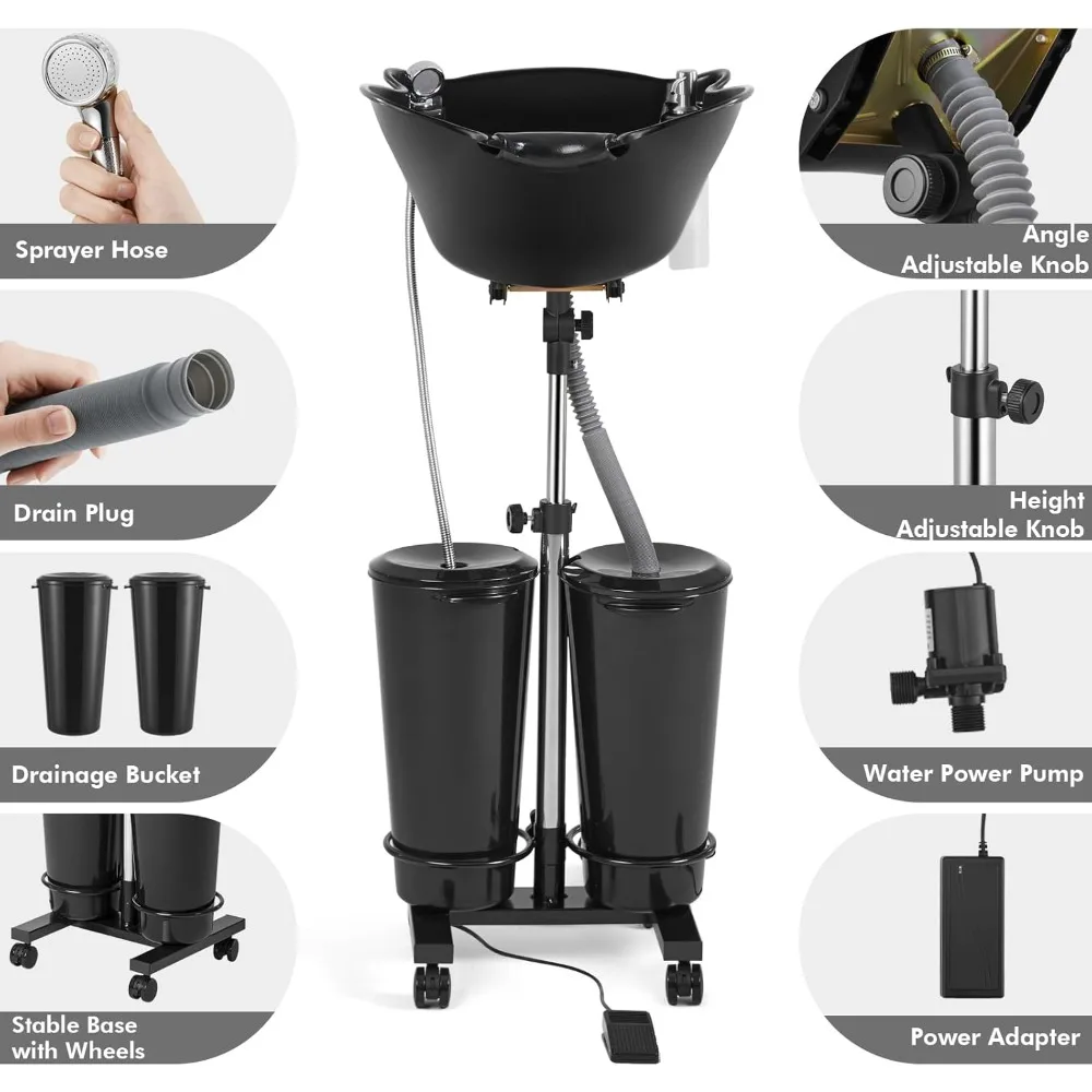 hand Adjustable Portable Shampoo Bowl Electric Pump, Hair Washing Station,includes 2 Buckets, Drain Hoses,High-Pressure Sprayer