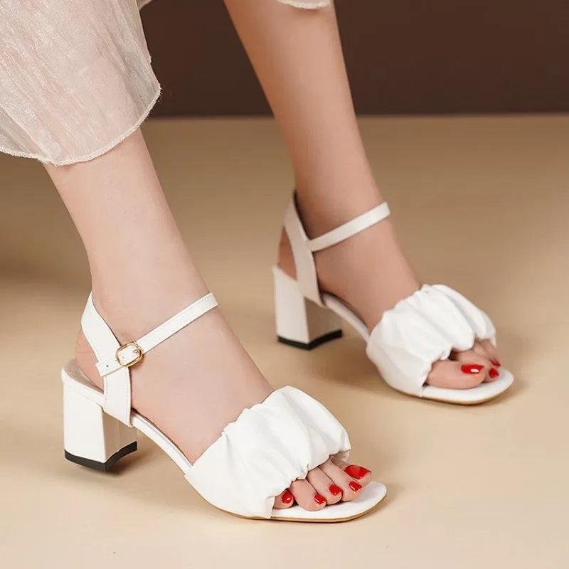

Size 35-42 New Fashion White High Heel Shoe Buckle Sandalias Grace Dress Female Designer Party Shoes 2026 Summer Women's Sandals
