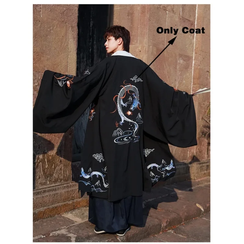 aa26Chinese Samurai Uomo Drago Stampa Harajuku Antico Vintage Uomo Set di abbigliamento tradizionale Performance Hanfu cinese