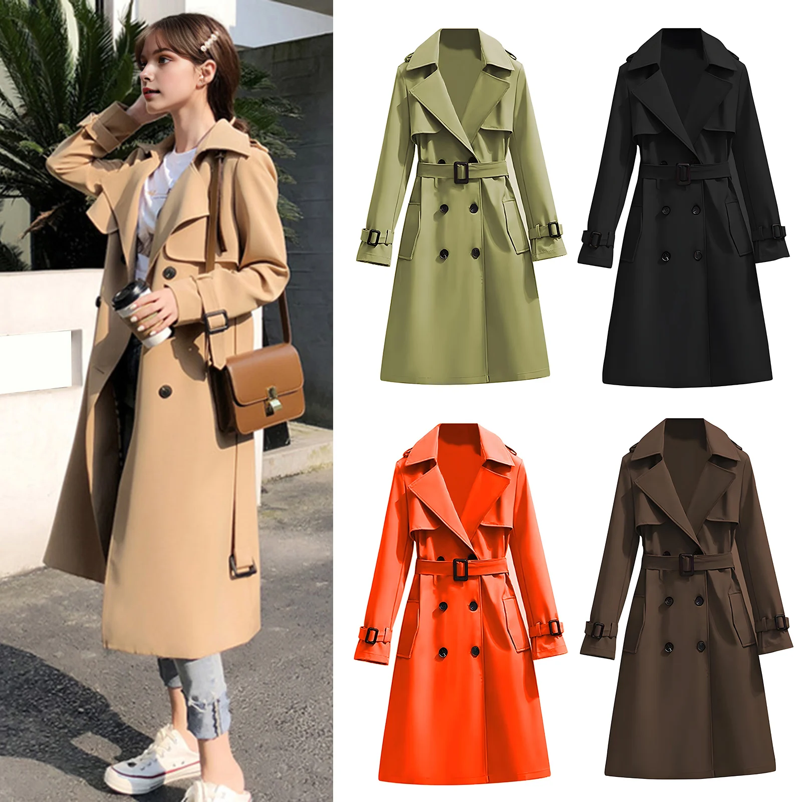 

Women British Style Windbreaker Streetwear Double Breasted Long Trench Coats Elegant Autumn Winter Casual Medium Length Jackets