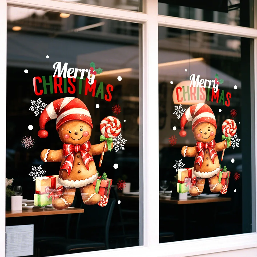 【セール中】45cm*60cmのクリスマスデコレーションジンジャーブレッドマンガラスステッカー、窓ステッカー、ドアステッカー、静電気でくっつくシート全体のステッカー、部屋、店舗、スーパーマーケット、会社、学校のパーティーの装飾、クリスマスの装飾に適しています。