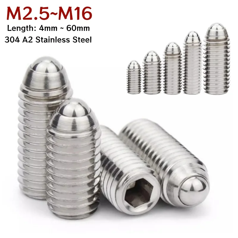 1-20pcs 304 A2 Stainless Steel Hex Socket Allen Spring Ball Plunger Grub Point Set Screw Bolt M2.5 M3 M4 M5 M6 M8 M10 M12 M16