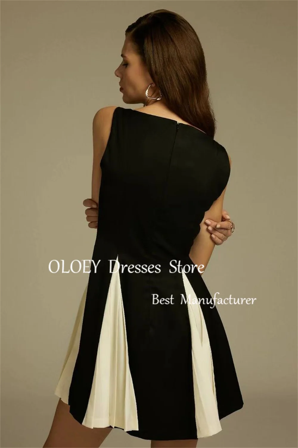 OLOEY A-line Black And White Prom Dress Draped Mini-length Above The Knee Wedding Party Dress Cocktail Dress Summer Dress