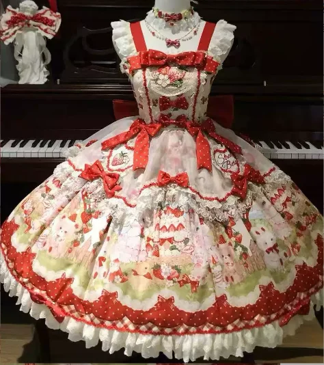 Temperament Red Strawberry Print Lolita Slash Neck Suspender Princess Dress Fashion Versatile Age Reduction Cake Party Dresses