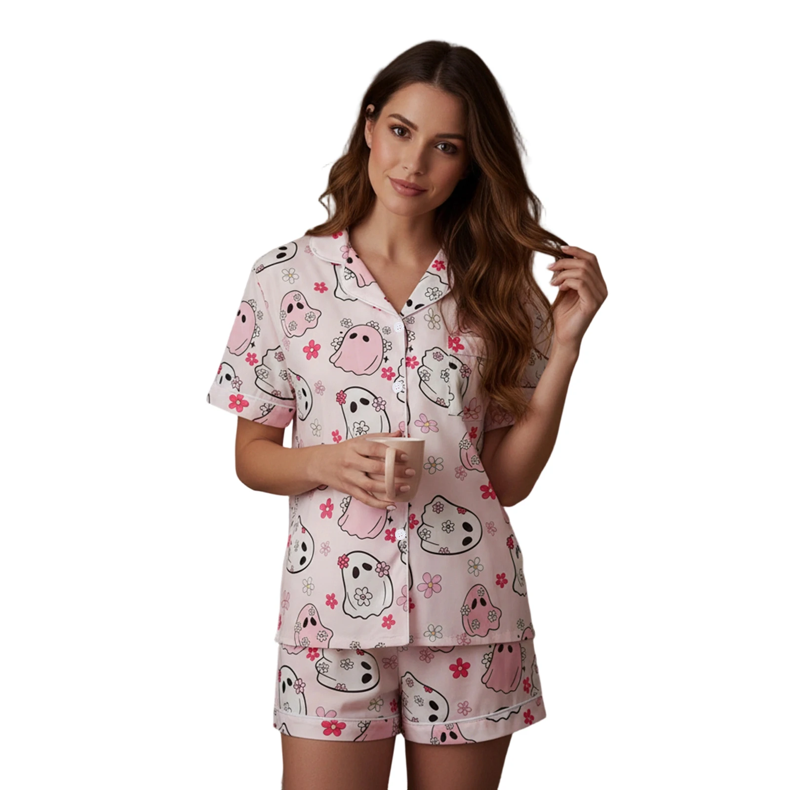 

Women 2 Piece Halloween Pajama Set Printed Short Sleeve Button-up Tops and Elastic Waist Shorts